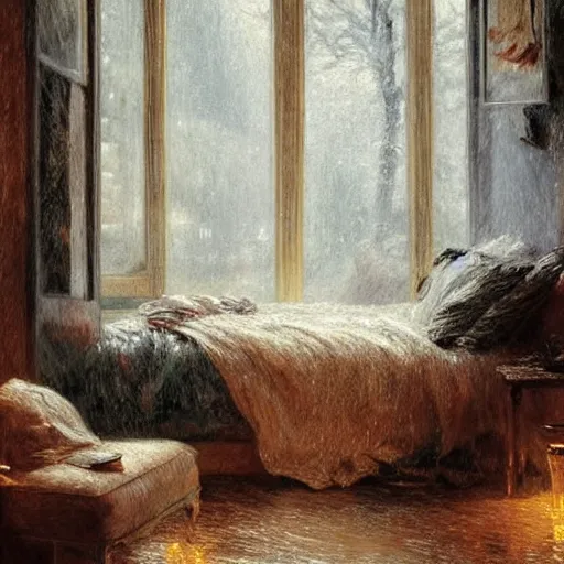 Image similar to on a rainy day, someone in home sits in bed, curled up under the covers, watching the rain outside the window, cinematic, artstation, extremely detailed, intricate, cinematic lighting, art by pierre - auguste renoir, arie johannes lamme, greg rutkowski