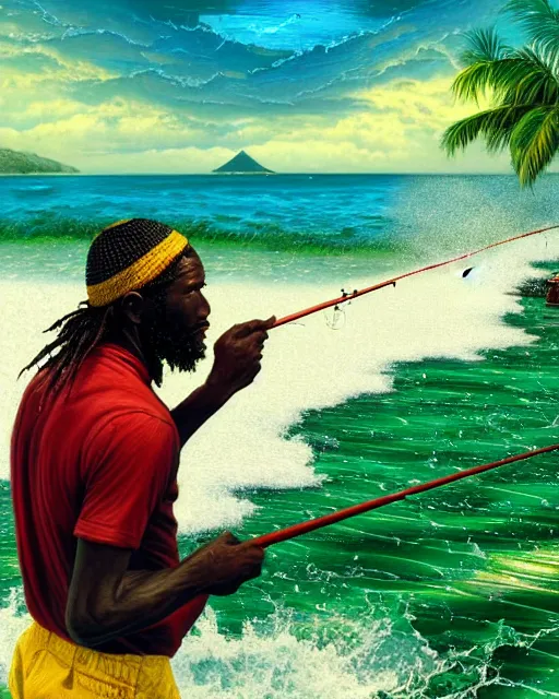 Prompt: Fisherman, Jamaican Male Fisherman, casting fishing rod into the sea, Illustration, Third-Person View, Depth of Field, Colorful with Yellow Green Black Red, insanely detailed and intricate, hypermaximalist, jamaican vibe, hyper realistic, super detailed, by Charlie Bowater, by Karol Bak