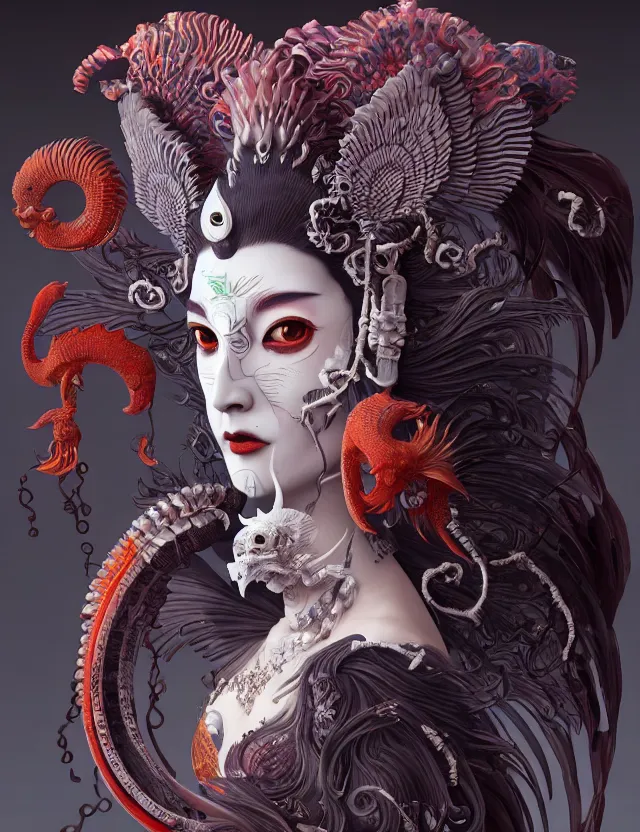 Image similar to 3 d goddess of hell close - up profile portrait with ram skull. beautiful intricately detailed japanese crow kitsune mask and clasical japanese kimono. betta fish, jellyfish phoenix, bio luminescent, plasma, ice, water, wind, creature, artwork by tooth wu and wlop and beeple and greg rutkowski