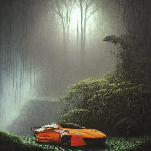 Prompt: a hyperrealistic painting of an exotic sports car in the middle of an alien jungle, bioluminescent plants, by john kenn mortensen and zdzislaw beksinski, highly detailed, vivid color,