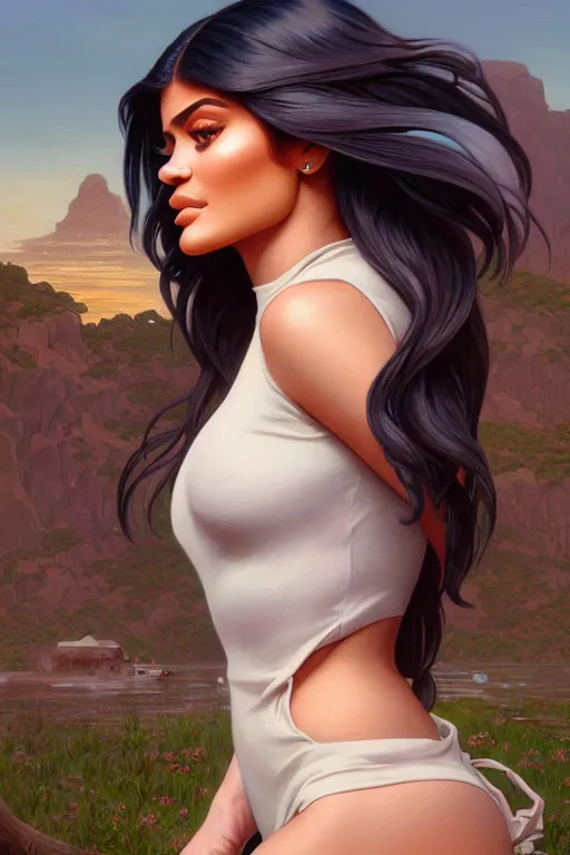 Image similar to clear portrait of kylie jenner, cottagecore!!, background hyper detailed, character concept, full body, dynamic pose, elegant, intricate, highly detailed, digital painting, artstation, concept art, smooth, sharp focus, illustration, art by artgerm and greg rutkowski and alphonse mucha