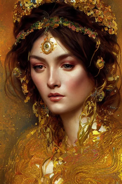 Prompt: an intricate painting of a beautiful young goddess covered in silk clothes with klimt golden motives and textures, hyper detailed, ornamental gold headpiece, octane render, vivid colors, artstation, by jeremy mann, by alphonse mucha, by boris vallejo