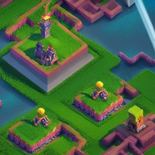 Prompt: game level design for clash of clans, isometric :: painting overlay by beeple by Raffaello Sanzi and Chao Teng Zhao :: centered,pixar and dreamwork, ghibli, artstation, smooth, sharp focus, octane render