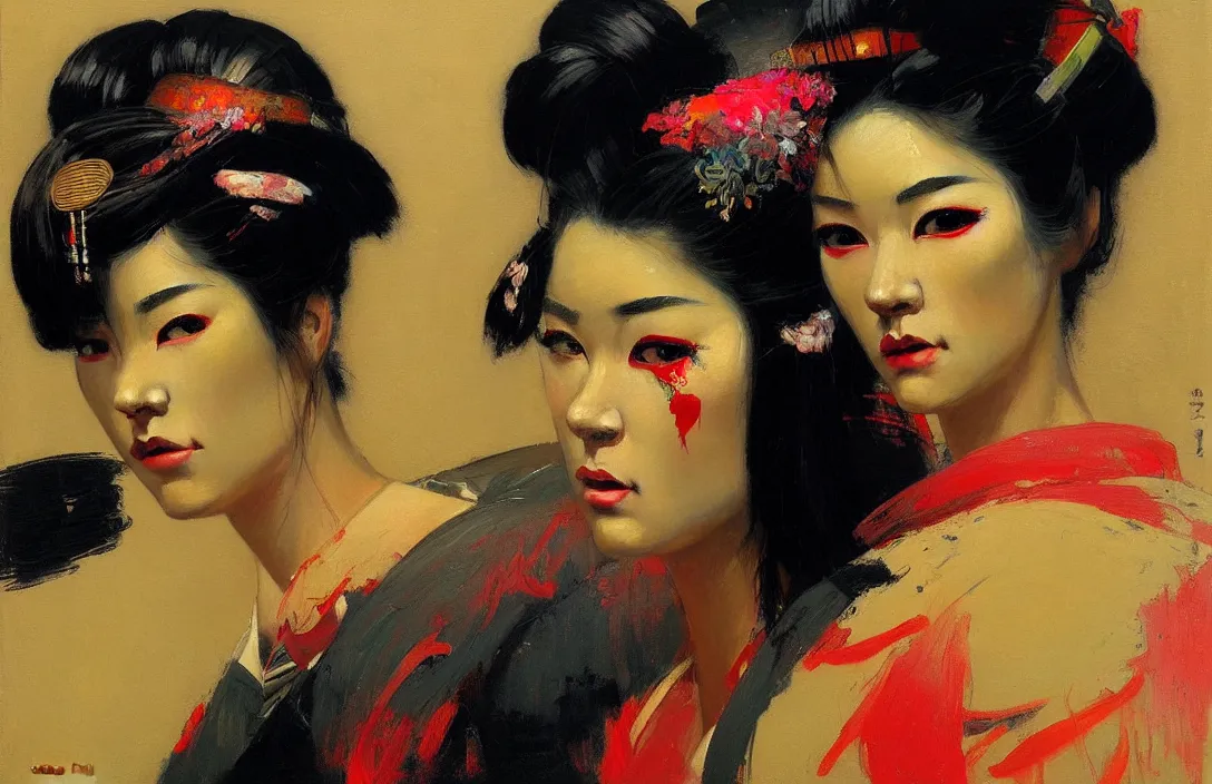 Prompt: portrait of neon geisha, detailed face, detailed painting, epic lighting, by ilya repin, phil hale and kent williams