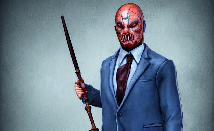 Image similar to cinematic view of a dead by daylight killer lawyer wearing a blue business suit with a gavel weapon, character portrait, digital art