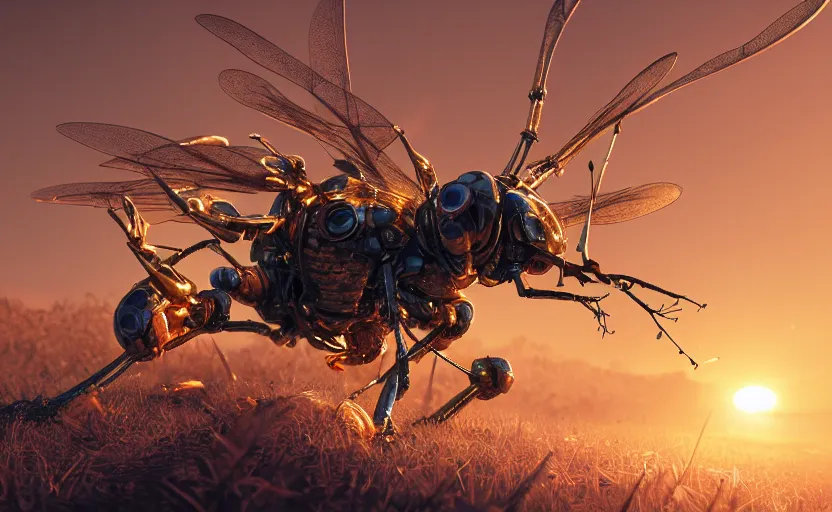 Image similar to insect robot, hyperdetailed, artstation, cgsociety, golden hour 8 k