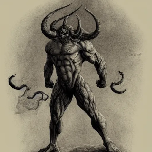 Image similar to full body, grayscale, Gustave Dore, Sorie Kim, muscled humanoid balrog demon, horns, claws, large horned tail, heroic pose, swirling flames