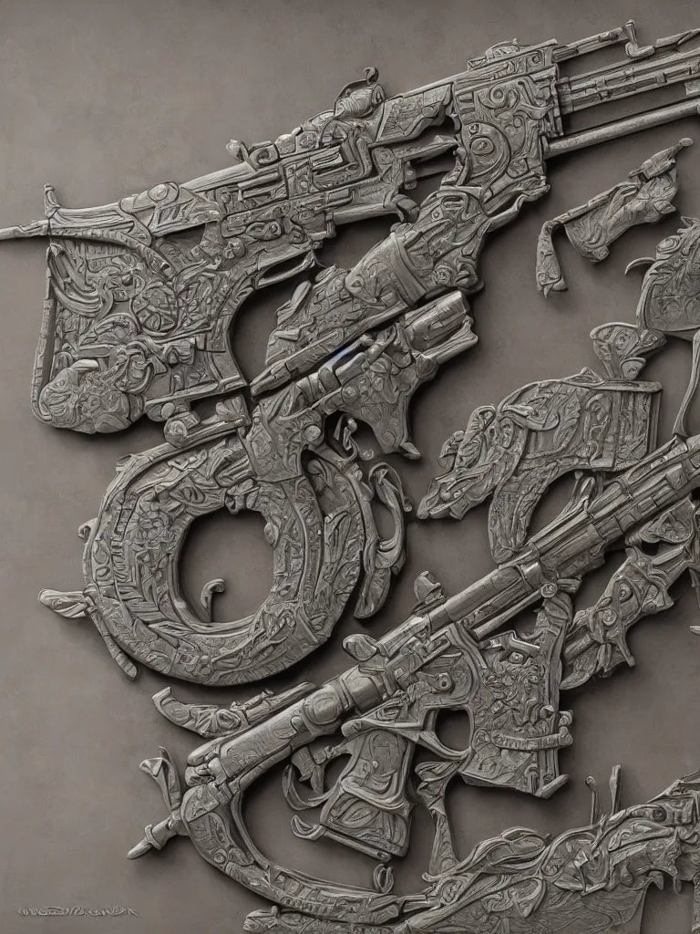 Prompt: relief sculpture carving in metal of machine guns, hyperrealistic, ultrarealistic, intricate details, 4k, unreal 5, digital art