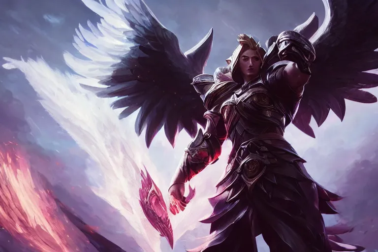 Image similar to amazing portrait of archangel micheal, league of legends splash art, deiv calviz, splash art, natural light, elegant, intricate, fantasy, atmospheric lighting, by greg rutkowski, league of legends splash art, hd wallpaper, ultra high details