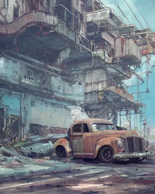 Image similar to fallout 5, tropical coastal city, desolate, dilapidated, abandoned retro futuristic vintage car and truck, buses, illustration, perfectly shaded, oft painting, art by krenz cushart and wenjun lin