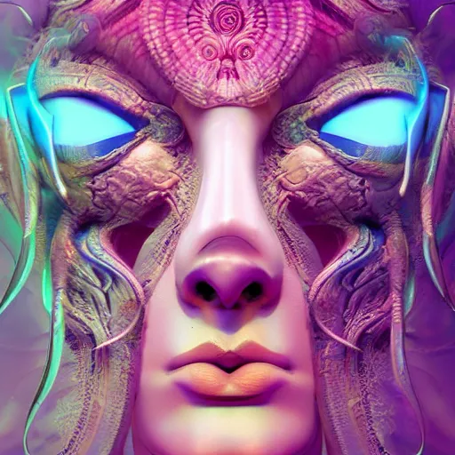 Image similar to goddess princess face close-up portrait ram skull abstract 3d composition. jellyfish phoenix head, nautilus, orchid, skull, betta fish, bioluminiscent creatures, intricate artwork by Tooth Wu and wlop and beeple. octane render, trending on artstation, greg rutkowski very coherent symmetrical artwork. cinematic, hyper realism, high detail, octane render,