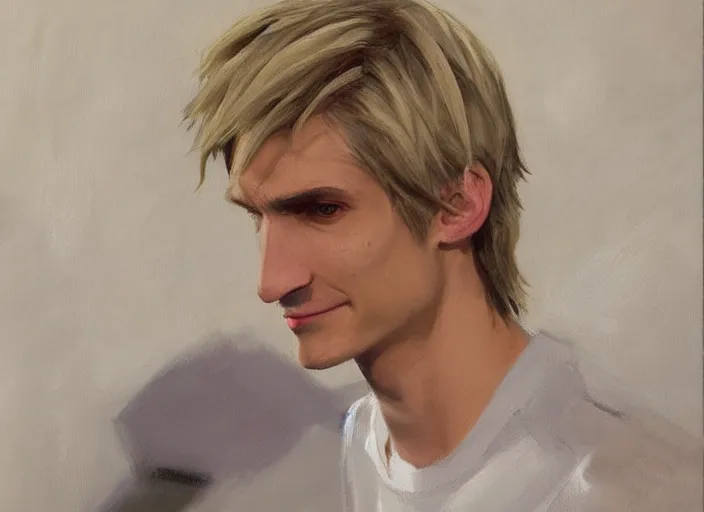 Image similar to a highly detailed beautiful portrait of xqcow xqc felix lengyel, twitch. tv, by gregory manchess, james gurney, james jean