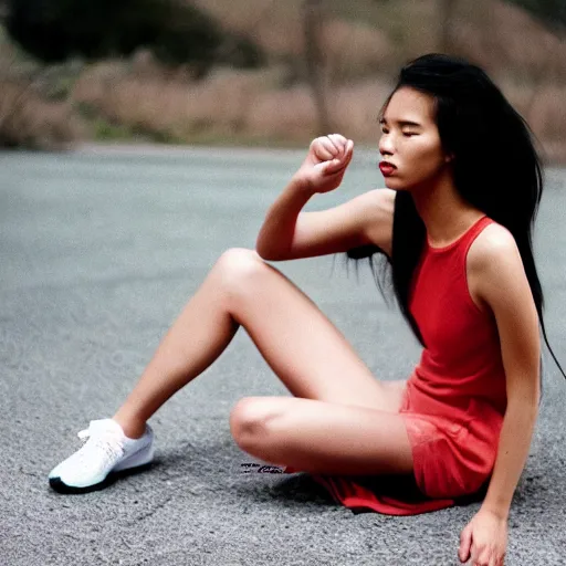 Image similar to realistic! photoshoot for a new nike lookbook, color film photography, portrait of a beautiful asian!! woman, photo in style of tyler mitchell, 35mm