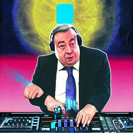 Prompt: antonio guterres as hard bass music dj, surreal, electronic hardcore music, art by angelo ferrara, edward hopper