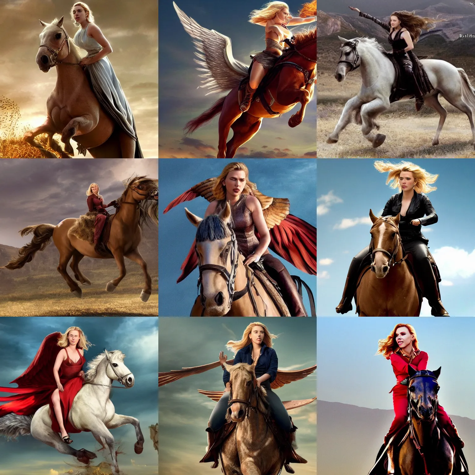 Prompt: scarlett johansson riding winged horse, it has wings dammit