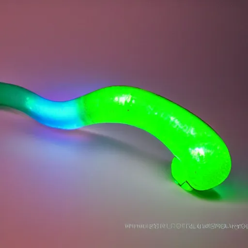 Prompt: a futuristic robotic gummi worm. dramatic product lighting. it's a gummi with extra juiciness. but it's also a worm. ick. trendy food truck. digital reality.