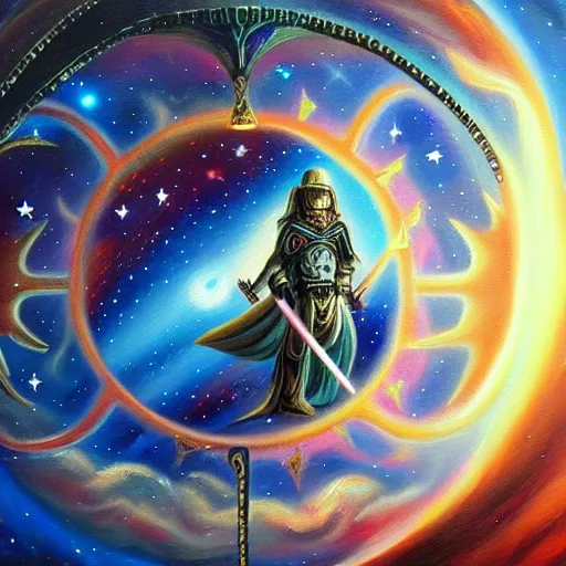 Prompt: facing the dark star with a sword in hand, galactic nebular astral realm sacred journey in oil painting, trending on artstation, award winning, emotional, highly detailed surrealist art