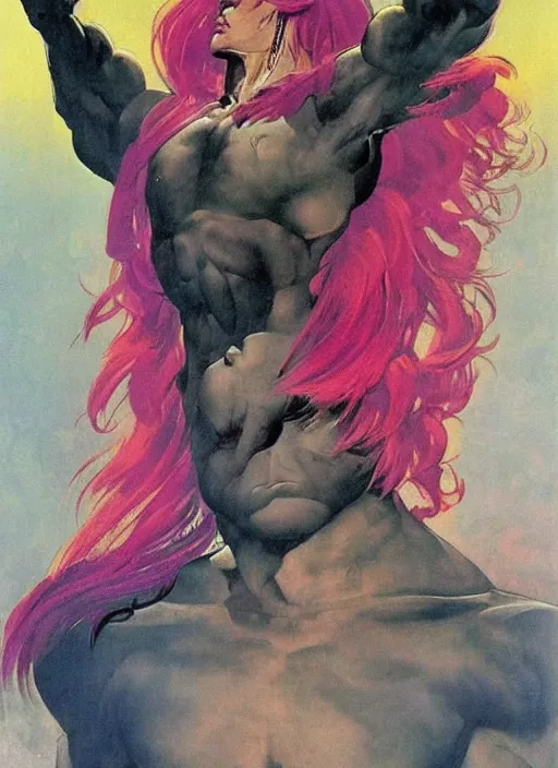 Prompt: portrait of angelic warrior, vibrant hair, strong line, vibrant color, beautiful! coherent! by frank frazetta, high contrast, minimalism