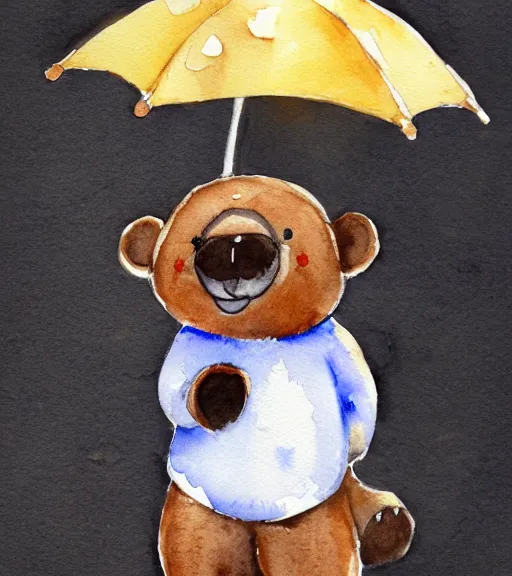 Image similar to autumn a bear with an umbrella cartoon watercolor trending on artstation