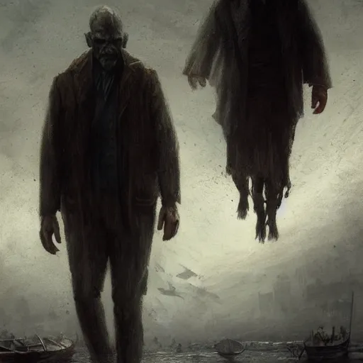 Image similar to shadow over innsmouth, people walking out of the water, painted by seb mckinnon, high detail, dramatic light, digital art, painted by greg rutkowski, promotional movie posterart, trending on artstation