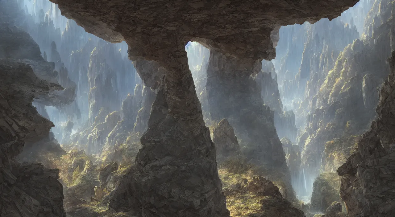 Image similar to ancient geological megastructural pyramid in canyon, tectonic parametrics by syd mead by albert bierstadt, photorealistic, zaha hadid, god rays, volumetric lighting, detailed, extremely intricate, raytrace, octane, light fog, neon