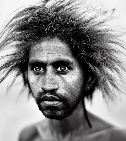 Image similar to Award winning reportage photo of Mauri Natives with incredible hair and beautiful hyper-detailed eyes wearing traditional garb by Lee Jeffries, 85mm ND 5, perfect lighting, gelatin silver process