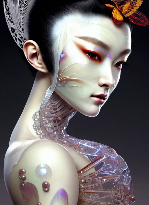 Prompt: organic Geisha cyborg, translucent pearlescent skin, diffuse lighting, fantasy, intricate, elegant, highly detailed, lifelike, photorealistic, digital painting, artstation, illustration, concept art, smooth, sharp focus, art by John Collier and Albert Aublet and Leonardo da vinci and Krenz Cushart and Artem Demura and Alphonse Mucha