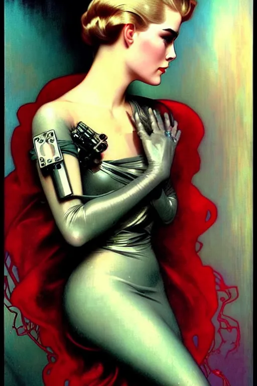 Prompt: young and beautiful evil cyborg grace kelly by future steichen in the style of tom bagshaw, alphonse mucha, gaston bussiere, cyberpunk. anatomically correct elegant cybernetic body mods. extremely lush detail. masterpiece. melancholic scene infected by night. perfect composition and lighting. sharp focus. high contrast lush surrealistic photorealism. sultry evil.