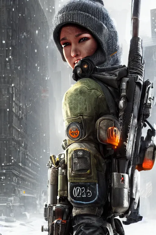 Prompt: close up of an agent from (Tom Clancy's The Division), snowy new york in background, high detail, digital art, trending on artstation, by Tom Garden