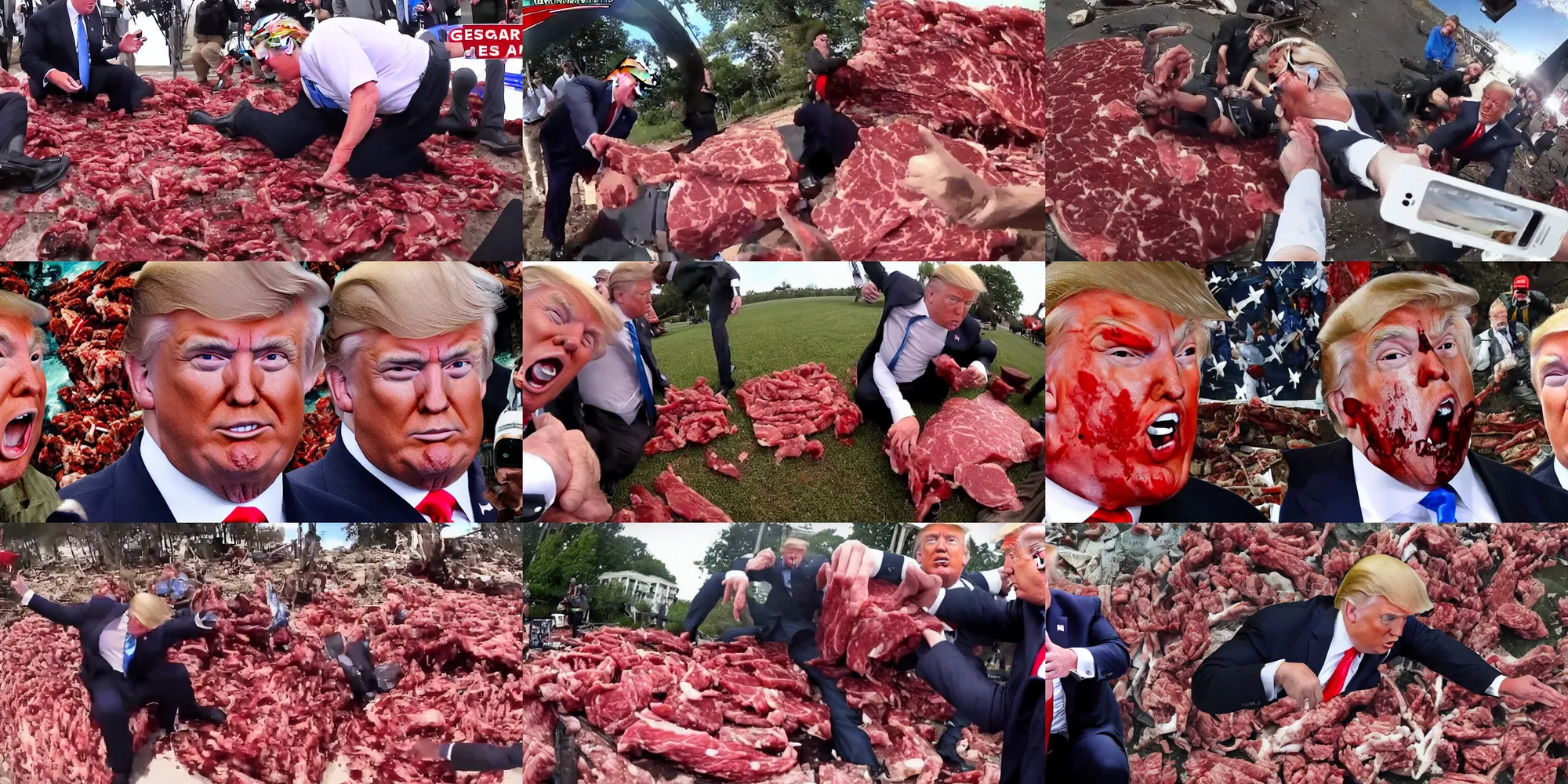 Prompt: gopro footage of donald trump getting mangled by gigachad, blood and bone, ground red meat, debris