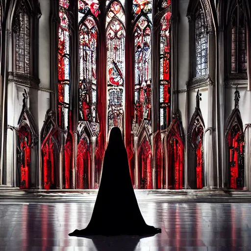 Image similar to movie shot, landcape, architectural shot, no decaying lines, background of an alabaster gothic cathedral, with long ephimeral windows with reflection of red flames, as subject a gothic woman with an intricate arabesque detailed black dressed, macro head face