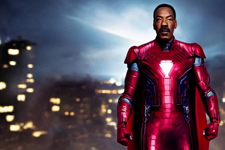 Image similar to a still of eddie murphy as an avenger, marvel superhero, cinematic lighting