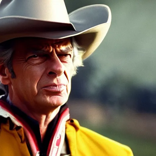 Image similar to Arsene Wenger as a Cowboy, epic quality, sharp focus, western, movie still, 8k, yellow tint, dramatic,