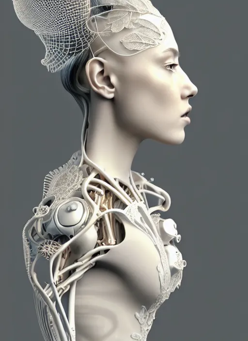 Image similar to complex 3d render ultra detailed of a beautiful porcelain profile young woman face, biomechanical cyborg, 150 mm lens, beautiful studio soft light, rim light, silver lemon details, magnolia big lemon and stems, roots, fine foliage lace, mesh wire, Alexander Mcqueen high fashion haute couture, art nouveau fashion embroidered, steampunk, intricate details, hyper realistic, ultra detailed, mandelbrot fractal, anatomical, facial muscles, cable wires, microchip, elegant, octane render, H.R. Giger style, volumetric lighting, 8k post-production