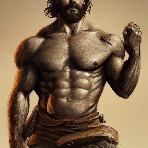 Prompt: portrait of a rugged ranger, muscular, upper body, hairy torso, detailed detailed detailed hands hands hands hands, D&D, fantasy, bare bare bare bare thighs thighs thighs intricate, elegant, highly detailed, digital painting, artstation, concept art, smooth, sharp focus, illustration, art by greg rutkowski