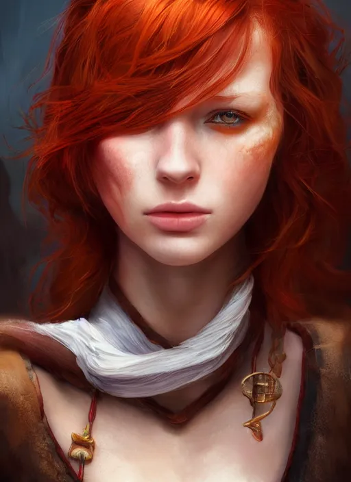 Image similar to Beautiful redhead girl which chest wrapped in bandages, portrait, fantasy, medieval, vivid colors, fantasy, elegant, concept art, sharp focus, beautiful face, digital art, Hyper-realistic, 4K, Unreal Engine, Highly Detailed, HD, Dramatic Lighting by Brom, trending on Artstation