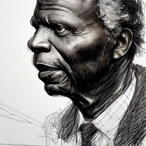 Prompt: a realistic yet scraggly portrait sketch of the side profile of a stern and sophisticated sidney poitier, trending on artstation, intricate details, in the style of frank auerbach, in the style of sergio aragones, in the style of martin ansin, in the style of david aja, in the style of mattias adolfsson