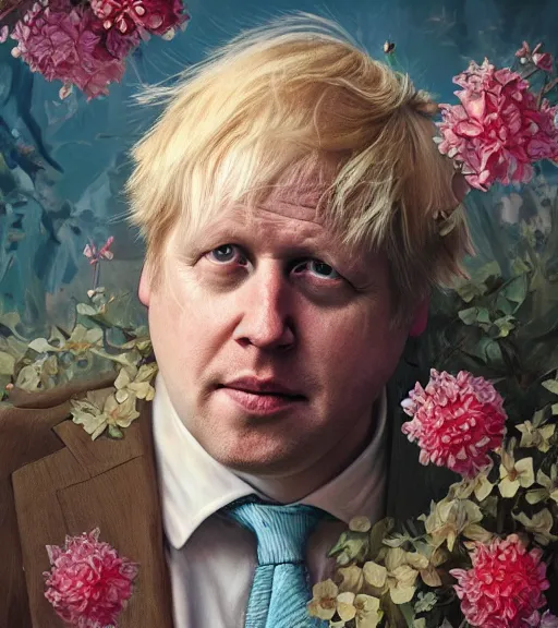 Prompt: portrait of boris johnson in 3 0 s, surrounded by flowers by karol bak, james jean, tom bagshaw, rococo, trending on artstation, cinematic lighting, hyper realism, octane render, 8 k, hyper detailed