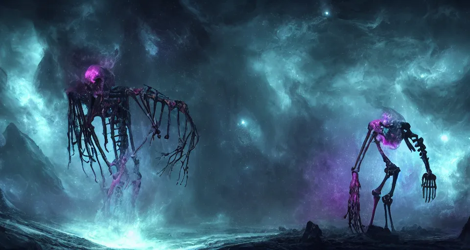 Prompt: a photo of an enormous humanoid skeletal ephemeral!! old god!! lurking in a nebula!!!!, 4 k, unreal engine, concept art, matte painting, cosmic horror!!, nightmare, color accents,