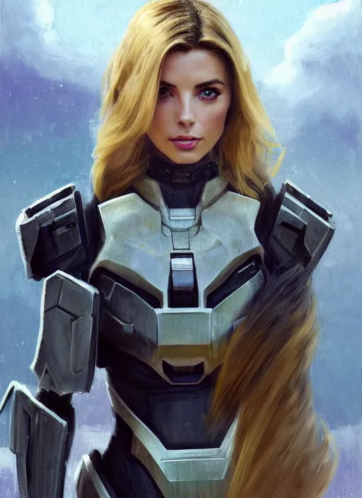 Image similar to portrait of a combination of Ashley Greene, Victoria Justice and Adriana Dxim, Grace Kelly and Lily Collins with blonde hair wearing Forerunner Armor from Halo, countryside, calm, fantasy character portrait, dynamic pose, above view, sunny day, thunder clouds in the sky, artwork by Jeremy Lipkin and Giuseppe Dangelico Pino and Michael Garmash and Rob Rey and Greg Manchess and Huang Guangjian, very coherent asymmetrical artwork, sharp edges, perfect face, simple form, 100mm