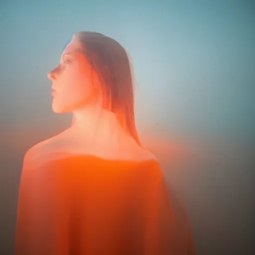 Prompt: backlit photo of a translucent woman made entirely of glass amongst cloudy orange and blue fog