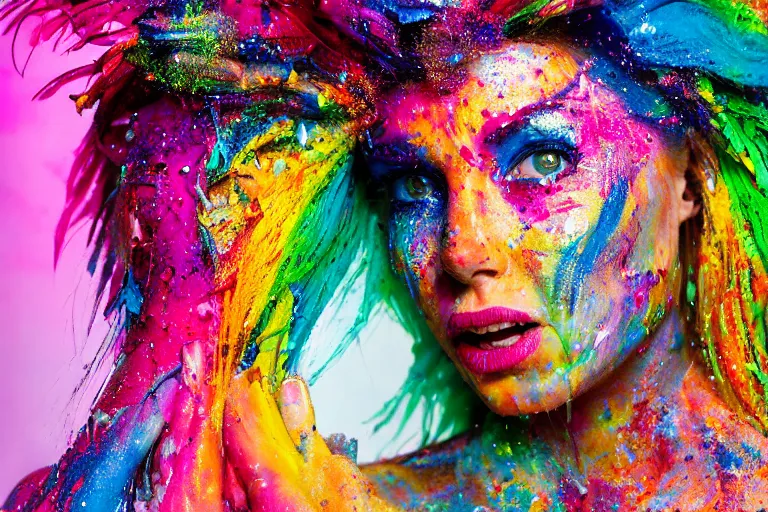 Prompt: a highly detailed cinematic headshot portrait photograph of a woman with a liquid paint headdress, with rainbow paint splash, melting smoothly into other faces, liquid, ultra realistic, beautiful rim lighting, by richard avedon and annie leibovitz and arnold newman, photorealistic, hyperrealistic, octane, high speed camera, zeiss lens, sharp focus, paint splash