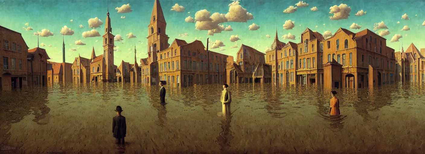 Image similar to flooded! old wooden empty cursed city square, very coherent and colorful high contrast masterpiece by franz sedlacek rene magritte gediminas pranckevicius norman rockwell, full - length view, dark shadows, sunny day, hard lighting, reference sheet white background