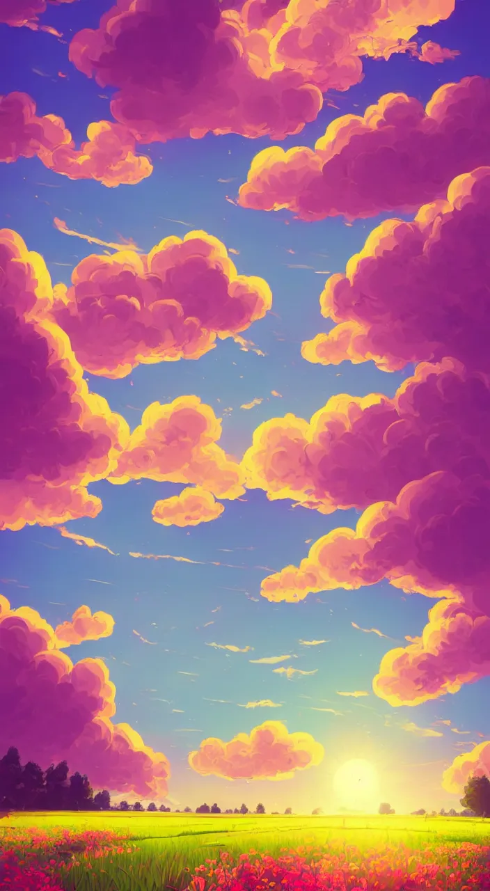 Image similar to green lush Field with beautiful flowers, aesthetic, calming, pink and yellow clouds in the sky, brightly illuminated by rays of sun, Clouds backlit by the sun, sunset ,artstation, colorful sylvain sarrailh illustration, by peter chan, day of the tentacle style