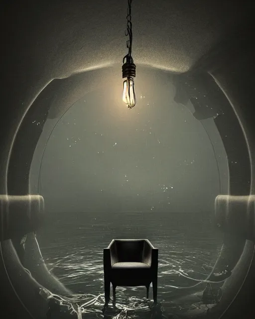 Prompt: beautiful matte painting, chair under an edison bulb in empty black space, infinite black cave lake, artstation, steampunk, extreme contrast, sunken in black water, void