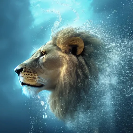 Prompt: a male lion's face breaching through a wall of water, headshot, water sprites, splashing, deep blue ocean, detailed eyes, highly detailed, realistic digital art, trending on artstation