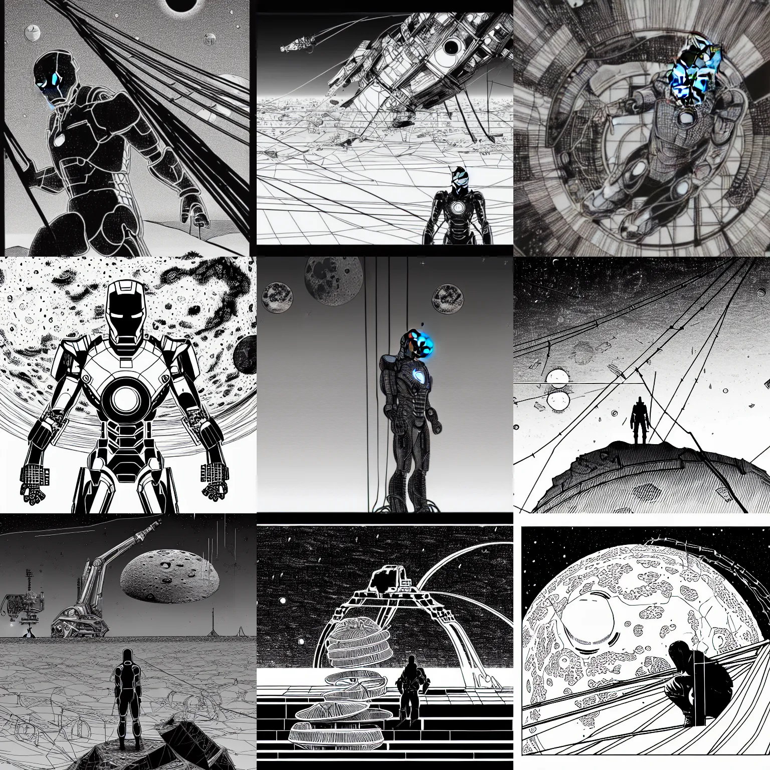 Prompt: dismantled demounted iron man eats shawarma on the ogly destroed moon and looks at a distant wires earth, by tsutomu nihei, black and white, isometric, landscape, perspective