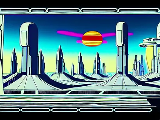 Image similar to a scifi illustration, Galactic City on Coruscant from Star Wars. flat colors, limited palette in FANTASTIC PLANET La planète sauvage animation by René Laloux