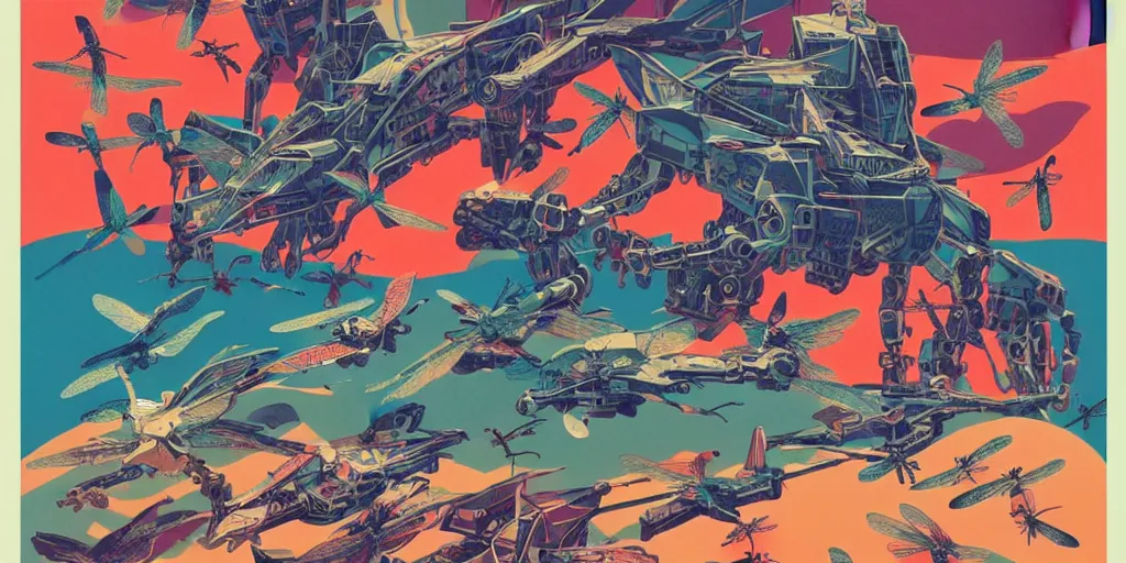 Image similar to risograph rendition, gigantic mecha arzach birds with dragonflies, tiny rats, a lot of exotic animals around, big human faces everywhere, helicopters and tremendous birds, by satoshi kon and moebius, matte bright colors, surreal design, crispy, super - detailed, a lot of tiny details, fullshot