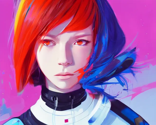 Image similar to poster woman with futuristic streetwear and hairstyle, colourful, cute face, dynamic portrait, intricate eyes,, beautiful, elegant, Anime by Kuvshinov Ilya, Cushart Krentz and Gilleard James, 4k, HDR, Trending on artstation, Behance, Pinterest, award winning